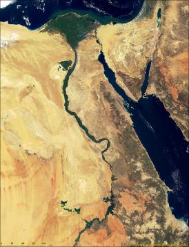 Egypt, Nile Delta, Nile River, Fayum Oasis and Lake Nassar from Terra/MODIS satellite 2000-08-10 (NASA)